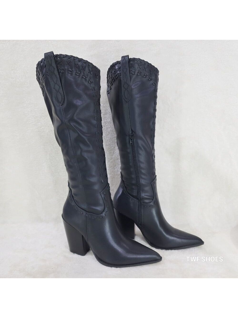 Weaver Black Matte Western Knee High Cowgirl Boots Weave Design - Picture 4 of 8